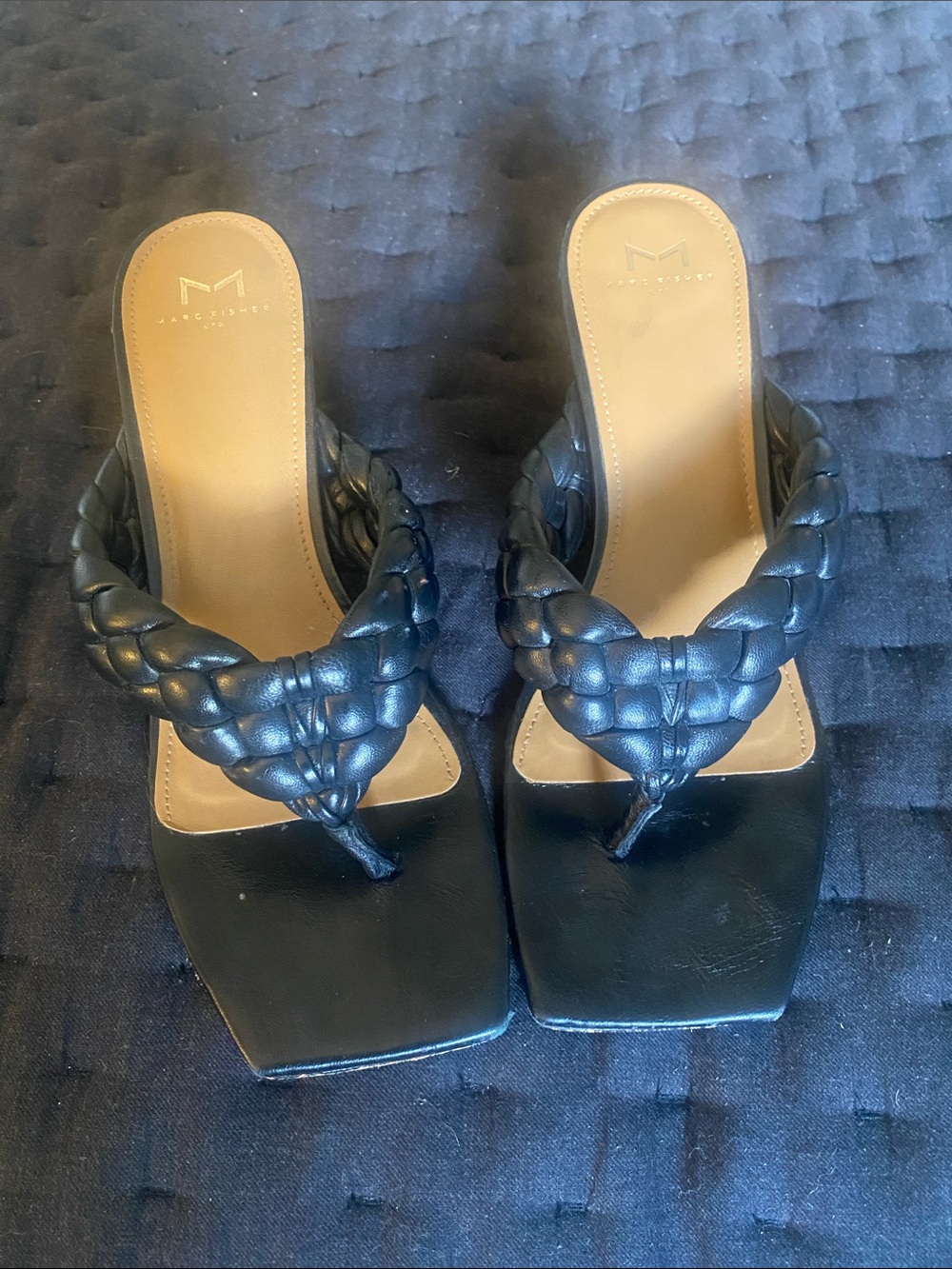 Marc Fisher Black Braided Thong Mules
